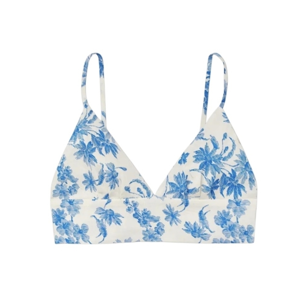 SANDRO Floral Blue WHITE CROP Bralette Top LINEN VISCOSE lined Size 1 S - Picture 9 of 15